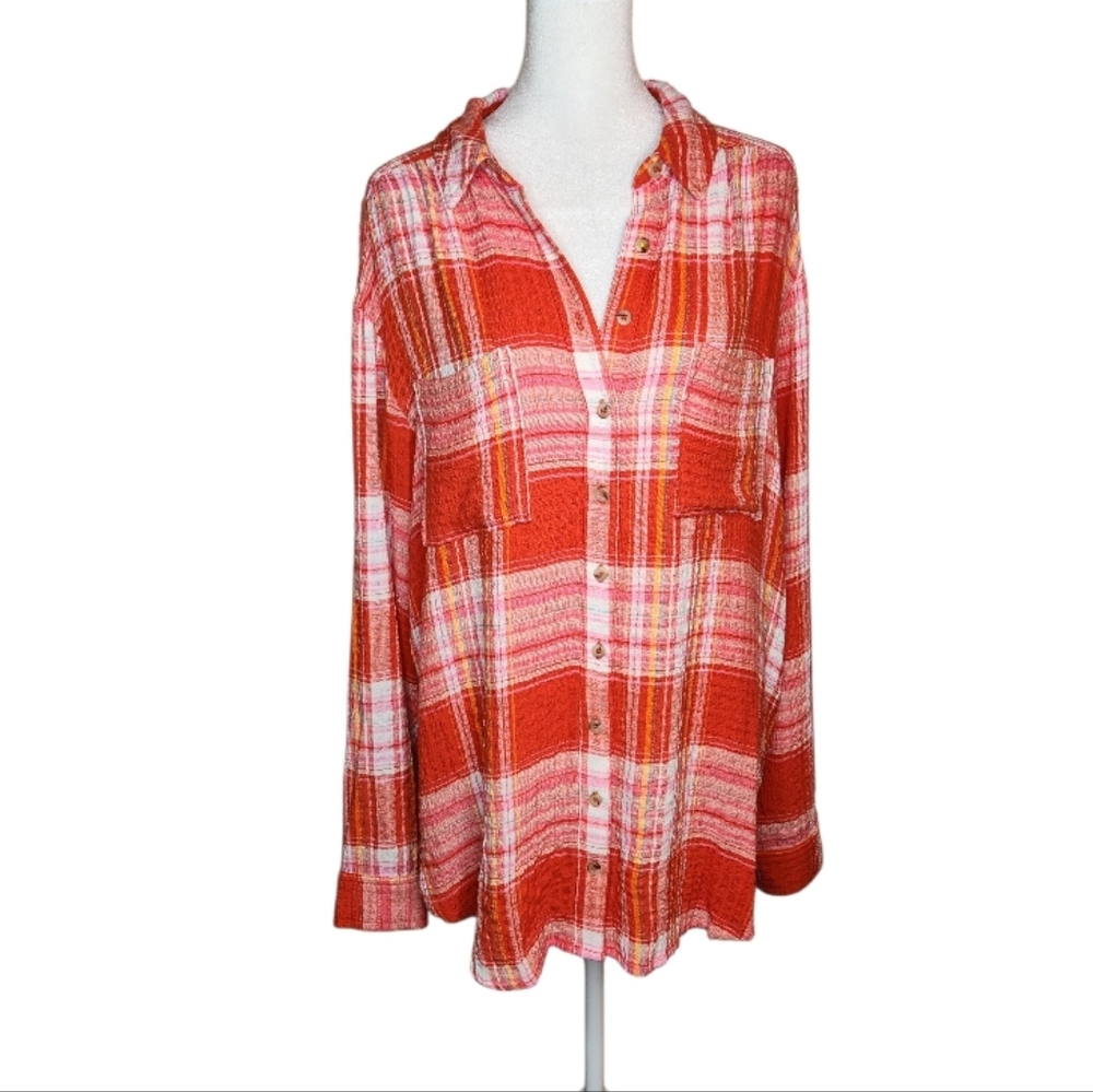 Pilcro Anthropologie The Hadley Relaxed Button Down Plaid Shirt Orange Size M